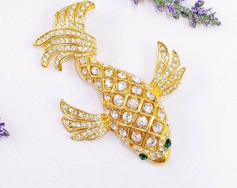 Vintage fish goldfiah koi mythical brooch pin gold tone green and clear rhinestones long fins golden nautical lady fish oriental koi