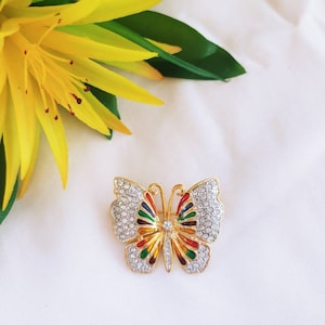Vintage Rhinestone Butterfly Brooch: Rainbow Enamel Gold Tone Pin