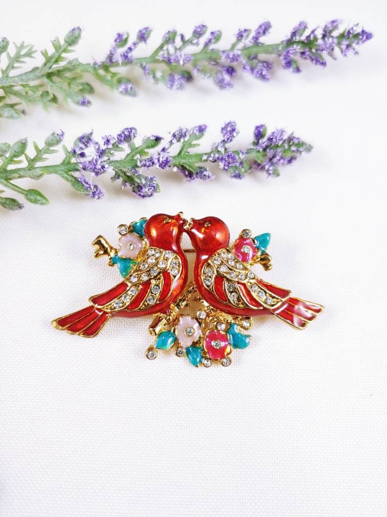 Birds brooch pin rhinestone bird of paradise love bird parrot bird on Tree Branch Flowers painted enamel Duette style