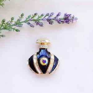 Vintage Perfume Bottle Fragrance Jeweled Invisible set Rhinestone Borealis Crystal Blue Enamel Brooch Pin Gold Tone
