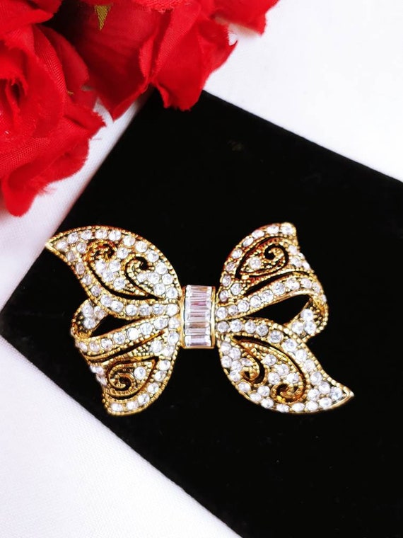 Broche Ancienne Nœud En Cuivre Doré Avec Strass – Bon état, Vintage, Sans Marque