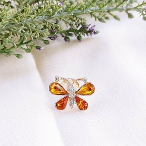 Vintage Butterfly Brooch: Orange Rhinestone AB Crystal Lapel Pin