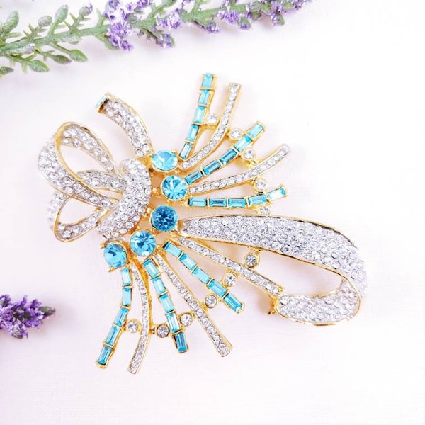 Vintage Large 3 3/8" Aqua Blue Baguette Clear Pave Rhinestone cluster gold and Silver tone Wedding Bouquet Spray brooch pin