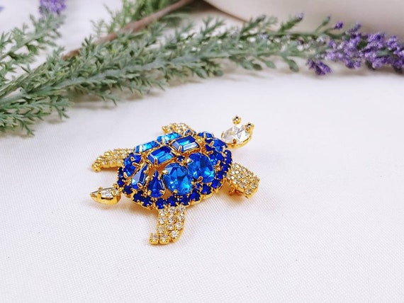 Broche Vintage Tortue - Métal Doré Et Strass - Bijou Ancien - Occasion