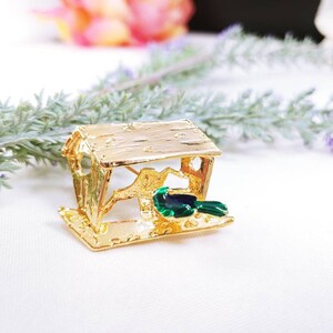 Vintage Adorable Bird House feeder Birdhouse Trembler Green Enamel Birdy Brooch Pin Gold Tone Garden Gardner Green Blue Bird Watcher image 5