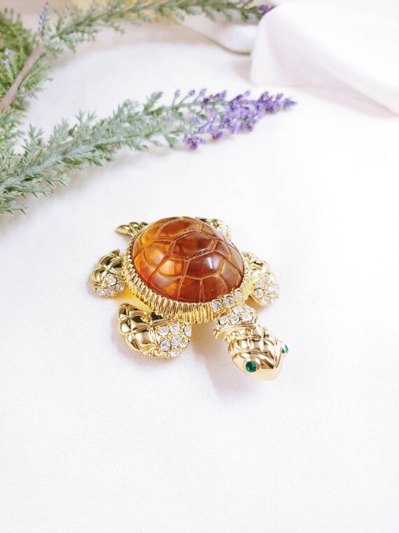 Vintage Adorable Brooch pin Turtle gold tone Faux… - image 4