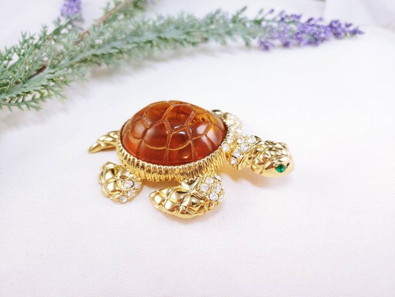 Vintage Adorable Brooch pin Turtle gold tone Faux… - image 5