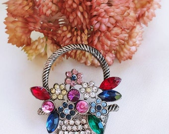 Broche Vintage Panier De Fleurs En Métal Argenté Et Strass - Occasion, Manque Quelques Strass Colorés