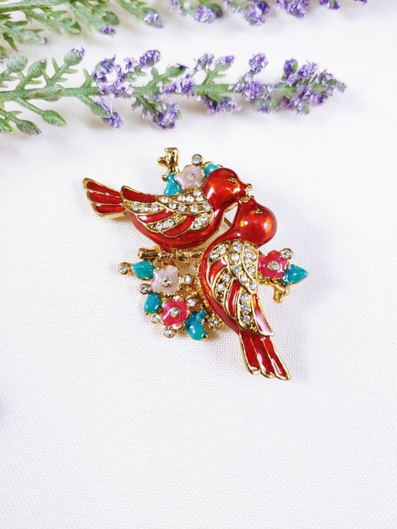 Birds brooch pin rhinestone bird of paradise love bird parrot bird on Tree Branch Flowers painted enamel Duette style