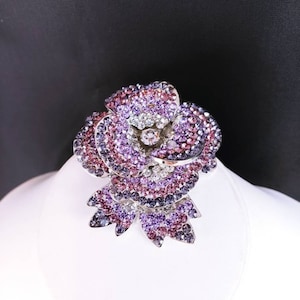 Vintage Rhinestone Flower Brooch: 3D Purple Lavender Rose Bud Pin