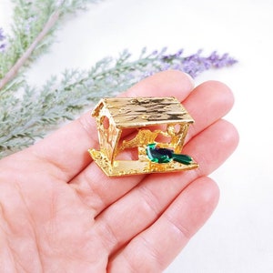 Vintage Adorable Bird House feeder Birdhouse Trembler Green Enamel Birdy Brooch Pin Gold Tone Garden Gardner Green Blue Bird Watcher image 3