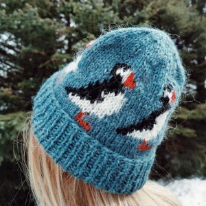 May include: A teal knit hat with a pattern of black, white, and red birds. The hat is made of a soft, textured yarn and is worn on a person's head. The background is a blurred view of evergreen trees.