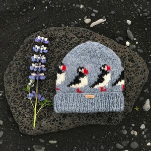 May include: A light blue knit beanie featuring a repeating pattern of puffins with red beaks and feet, black and white bodies. The hat has a folded brim and a small wooden tag. A sprig of purple and blue lupine flowers rests on a dark gray rock.