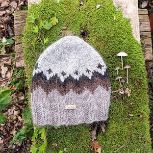 Op de afbeelding: Een grijze, bruine en zwarte gebreide beanie met een geometrisch patroon. De hoed heeft een zigzagontwerp in bruin en zwart, met een klein houten label met de tekst "camass". De beanie wordt getoond op een met mos bedekte boomstam.