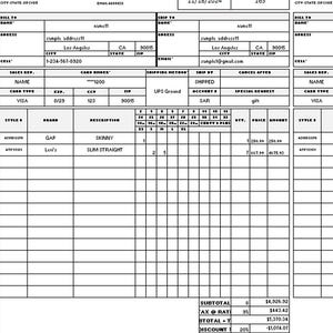 May include: Black and white invoice with the text "INVOICE" at the top. The invoice is for a company named "COMPANY NAME". The invoice number is 165 and the date is 11/18/2024. The invoice includes a list of items with their style, brand, description, quantity, price, and amount. The total amount of the invoice is $4,296.27.