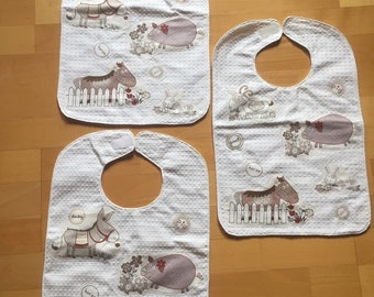 Lot de 3 grands bavoirs à scratch , large bibs , serviettes bébé motifs animaux de la ferme , farm animals cadeau baby shower naissance