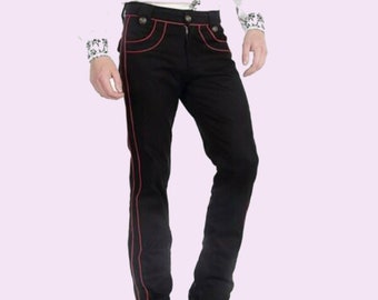 Gothic Mens Military Officer Trousers Black Cotton Jeans Red Piping Pant