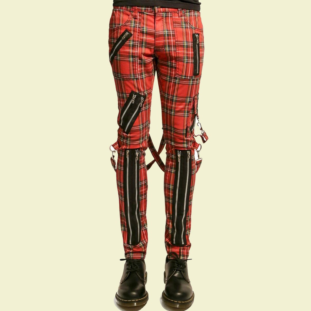 Men Bondage Straps Punk Split Leg Plaid Red Jeans Pant - Etsy