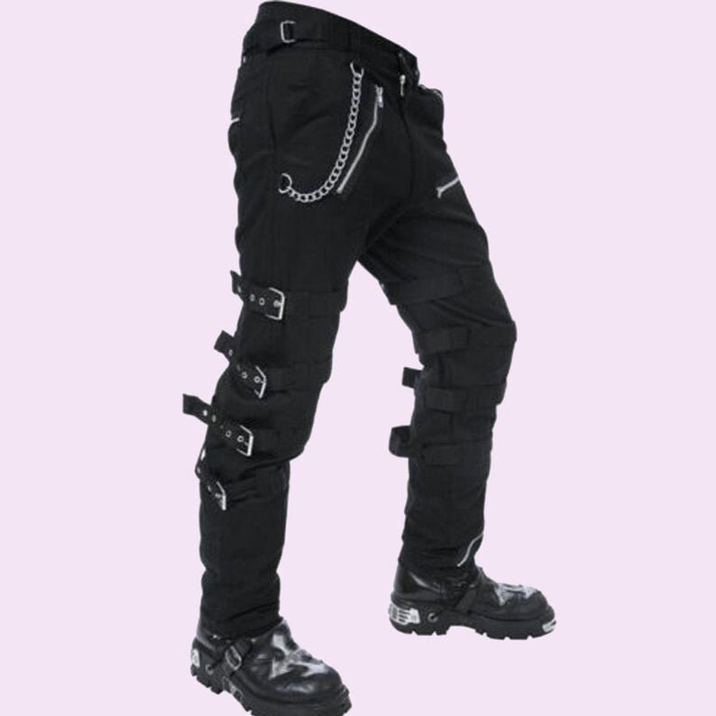 Men's Black Gothic Straps Zipper Trousers Punk Rock Studs | Etsy