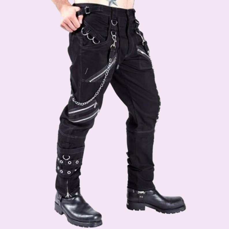 Men's Gothic Black Pant Eyelets Cargo Bondage Trouser Punk Rock Pant 