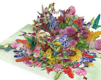 Tarjeta desplegable de colibrí hecha a mano, tarjeta de felicitación floral 3D