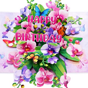 Carte pop-up joyeux anniversaire, fleurs et papillons colorés, belle carte de voeux 3D élégante, florale, cadeau idéal pour maman, soeur, femme