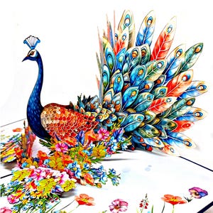Cartão pop-up de pavão, cartão de aniversário de animal 3D para aniversário, dia das mães, aniversário, pensando em você, obrigado