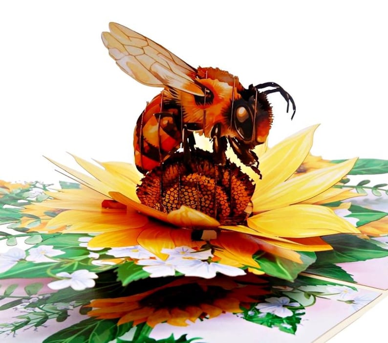 Tarjeta desplegable de girasol 3D: temática de abejas y jardín imagen 1