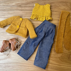 Paola Reina Doll Outfit: Hand-Knitted Merino Jacket, Denim Pants, Scarf - 13 Inch Doll Clothes