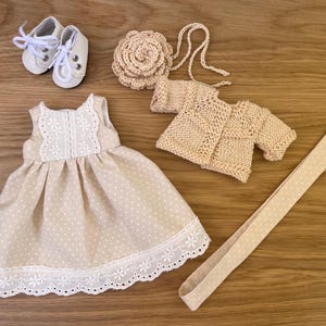 Handmade Doll Outfit for 13&quot; Paola Reina Doll: Dress, Knitted Jacket & Crochet Headband