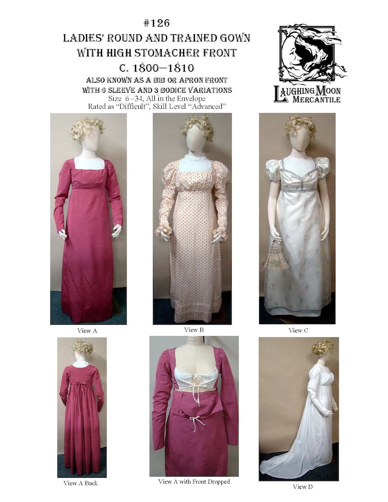 Regency Sewing Patterns | Bridgerton, Jane Austin     Regency Round or Trained Gown with High Stomacher Front - Download of Laughing Moon Mercantile #126  AT vintagedancer.com