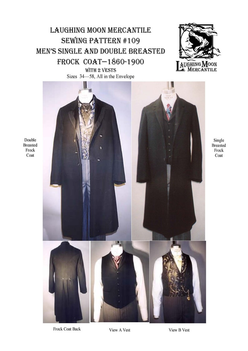 Edwardian Sewing Patterns- Dresses, Skirts, Blouses, Costumes     Victorian and Edwardian Single and Double Breasted Frock Coats and 2 Vests - Laughing Moon Mercantile #109 $7.95 AT vintagedancer.com