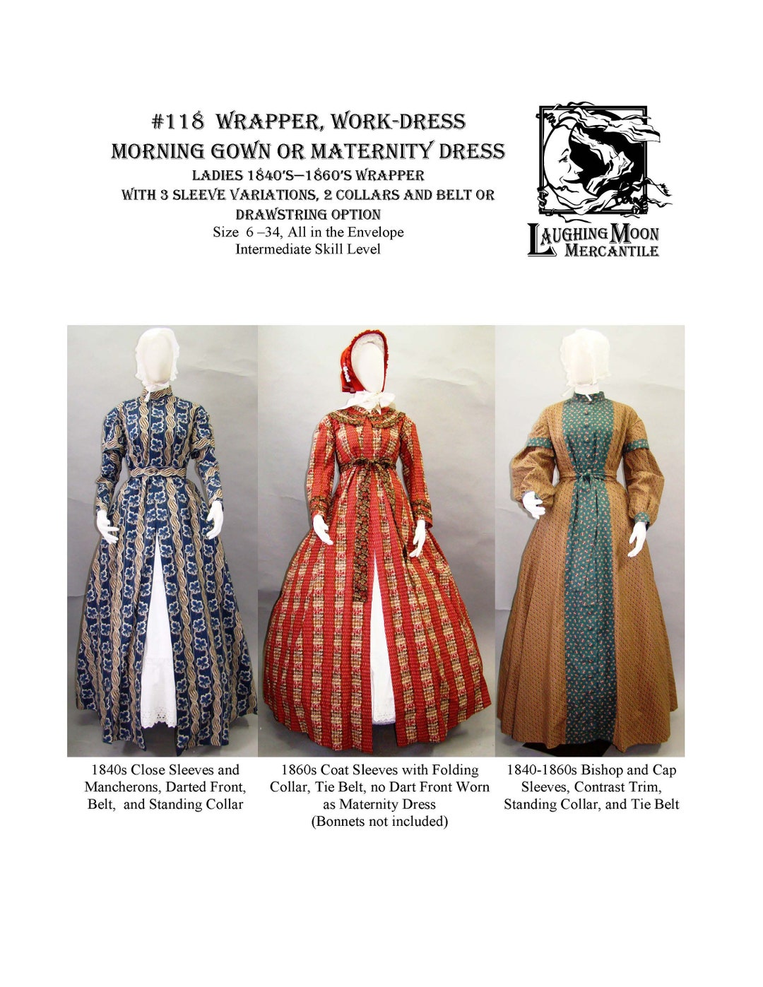 118 Wrapper, Work Dress, or Morning Gown 1840-1860 With Size