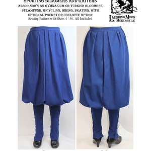 May include: A sewing pattern for blue sporting bloomers and gaiters. The pattern is for sizes 4-36. The bloomers are shown in a blue fabric. The pattern is called "#152 Laughing Moon Mercantile Sporting Bloomers and Gaiters".