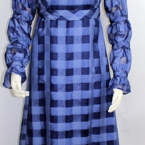 May include: A blue and white gingham dress with a ruffled hem. The dress has long sleeves with ruffles at the cuffs.