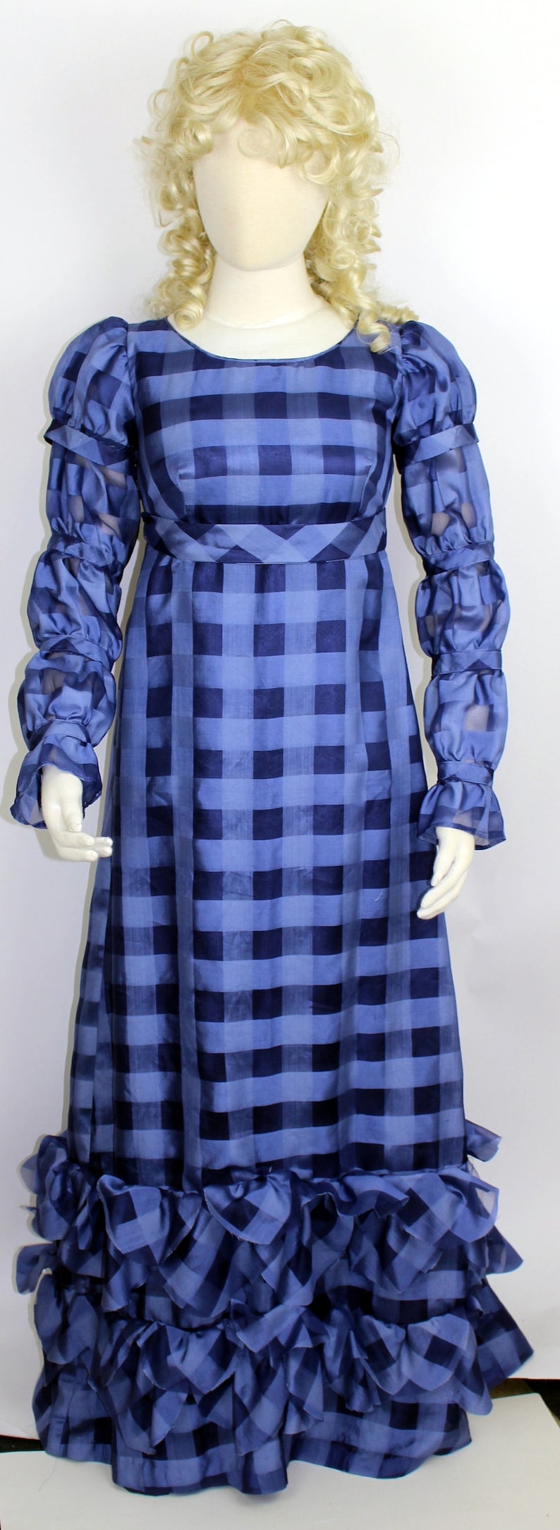 May include: A blue and white gingham dress with a ruffled hem. The dress has long sleeves with ruffles at the cuffs.