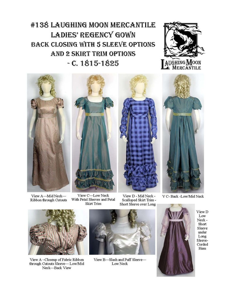 Regency Sewing Patterns | Bridgerton, Jane Austin     Regency Back Closing Gown - Laughing Moon #138 $7.95 AT vintagedancer.com