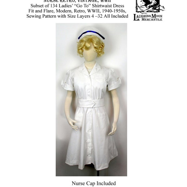 134-B Nurse Uniform Sewing Pattern - 1940s 1950s - Sizes 4-32 Size Layer Selectable