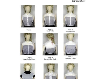 May include: A set of eight white cotton chemisettes with different collar styles, including a small collar, folding collar, large collar, standing collar, ruffle, and ruff. The chemisettes are shown on mannequins with a white background. The text "#203 LAUGHING MOON MERCANTILE LADIES CHEMISETTES Neck Sizes 15" to 18" - Circa 19th Century to Modern" is at the top of the image.