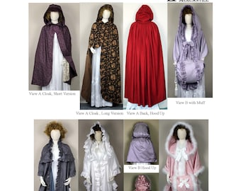 May include: A display of Georgian/Regency cloaks with hoods, capes, and muffs. The cloaks come in various colors and patterns, including a red cloak, a floral print cloak, and a lavender cloak with a muff. The text reads "#135 LAUGHING MOON MERCANTILE".