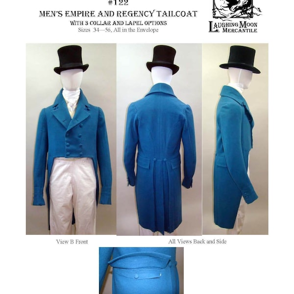 122 Men's Regency Tailcoat with no waist seam 3 Collars and Lapels - Download for Laughing Moon Mercantile