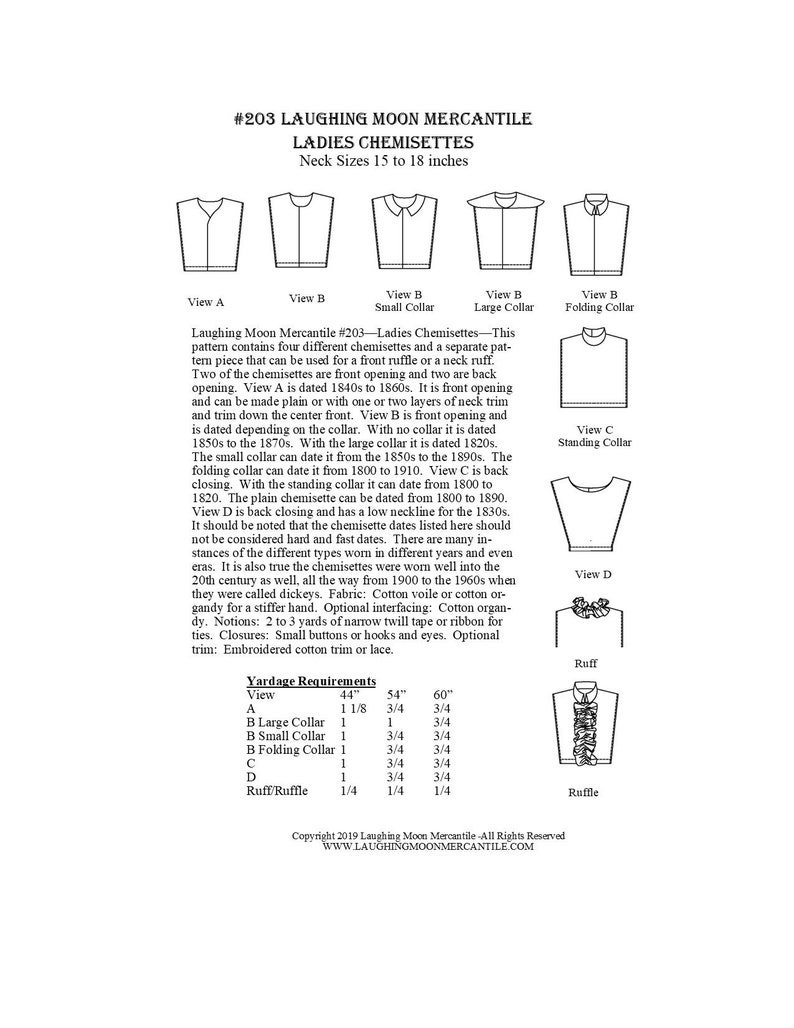 May include: A black and white line drawing of four different styles of chemisettes, a type of women's undergarment, with a chart showing yardage requirements for each style. The text "#203 Laughing Moon Mercantile Ladies Chemisettes" is at the top of the image.