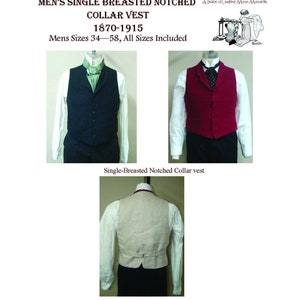 May include: A sewing pattern for a single-breasted notched collar vest. The pattern is for sizes 34-58 and includes instructions for making a vest with a dark blue, red, and beige fabric. The pattern is from the Bijoux Pattern Co., a division of Laughing Moon Mercantile.