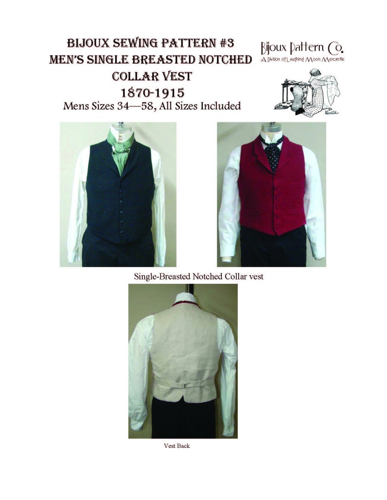 Men’s Vintage Reproduction Sewing Patterns     LMM 3 Mens Victorian Notched Collar Vest - 1870 -1915 - Download of Laughing Moon Mercantile Bijoux #3  AT vintagedancer.com