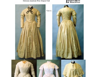 114 Ladies' Round Dresses, 1840's to1852, With Three Bodice and Five Interchangeable Sleeve Options, Pelerine and Undersleeves.