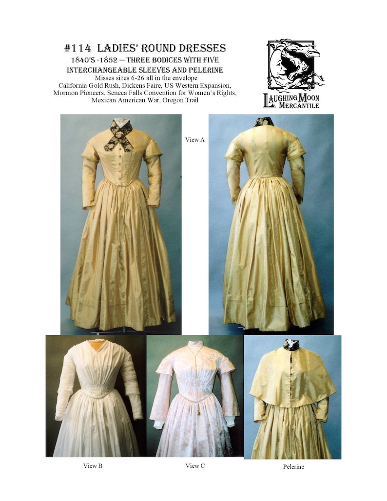 1840s-1850s-1860s Victorian Sewing Patterns     Round Dresses 1840 - 1852 Download of Laughing Moon Mercantile #114  AT vintagedancer.com