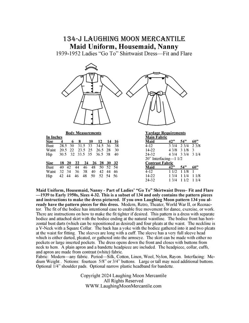 Janitor Pattern 134-J Maid Uniform, Housemaid, Nanny - Sizes 4-32 - Sewing Pattern - Etsy