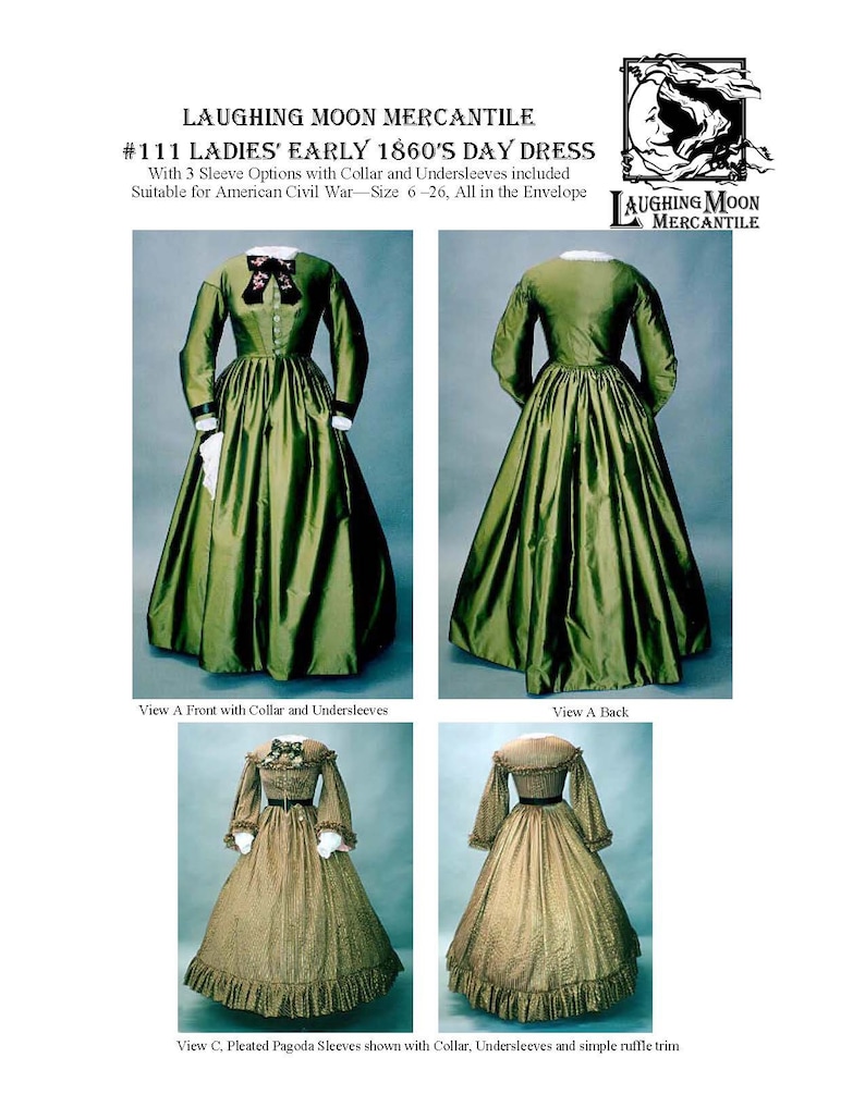 Victorian Skirts | Edwardian Skirts     Victorian 1860s Gown with Sleeve Options - Civil War Era - Laughing Moon Mercantile #111  AT vintagedancer.com