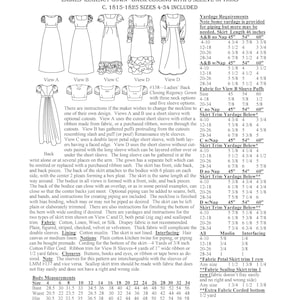 May include: A black and white line drawing of a women's regency gown sewing pattern with five different sleeve options. The pattern includes instructions for making the gown, as well as yardage requirements for different fabric types and sizes. The pattern is for sizes 4-34 and includes a back closing design.