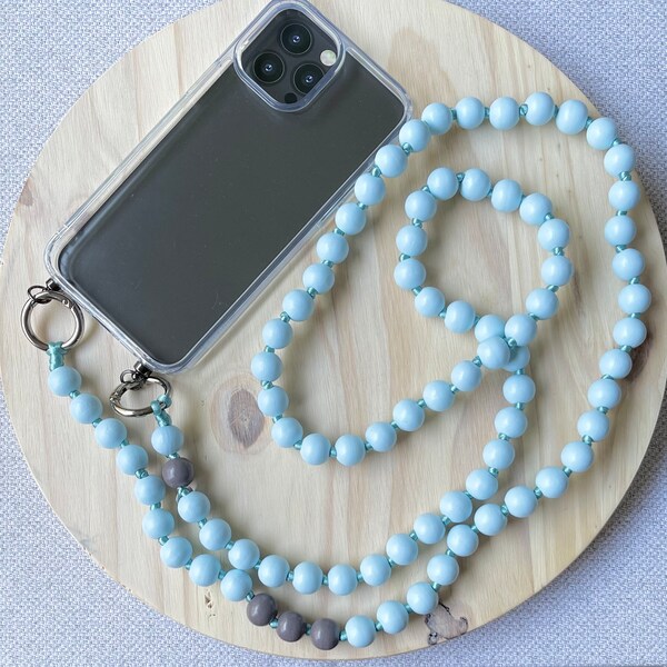 Sky Blue Wooden Beads Crossbody Phone Chain•Crossbody Phone Strap•Phone Lanyard•Crossbody Phone Case•Chain For Phone•